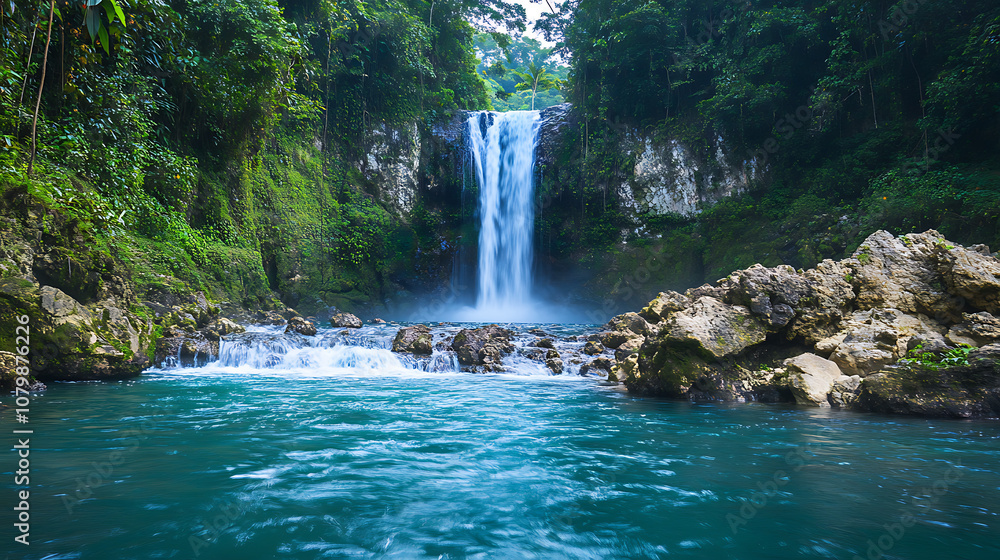 Naklejka premium A panoramic view of a waterfall surrounded by a lush landscape, showcasing the ideal hiking destination for families looking to explore nature 