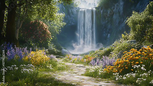 A peaceful hiking path leading to a breathtaking waterfall, with wildflowers and trees lining the way, perfect for families 