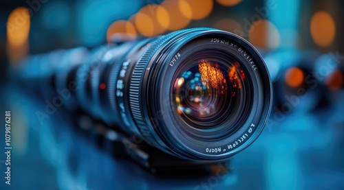 Close-up of a camera lens with bokeh background. photo