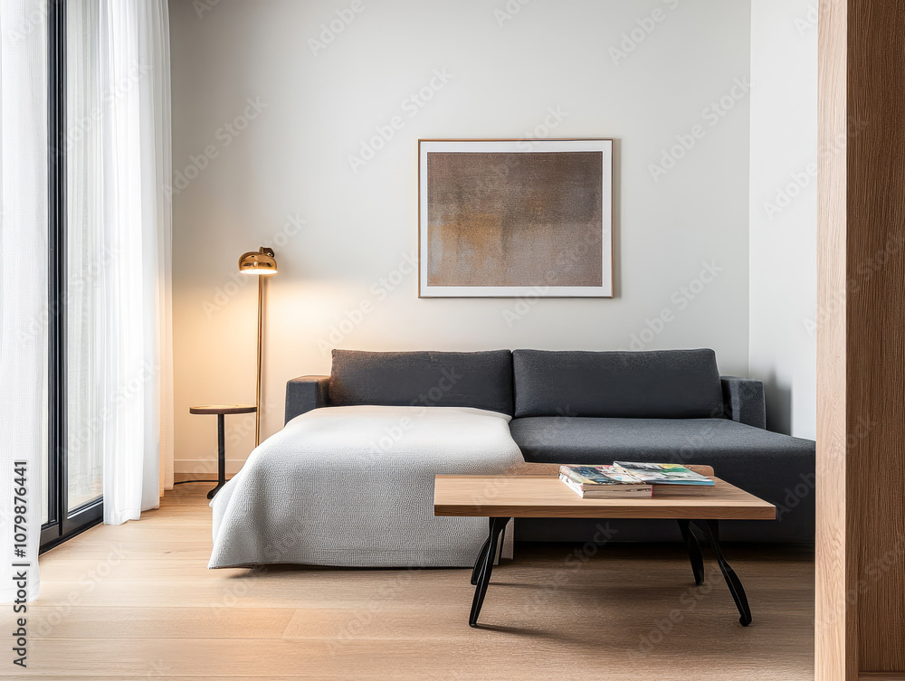 Fototapeta premium Cozy contemporary living room with a sleek sofa soft throw and stylish decor