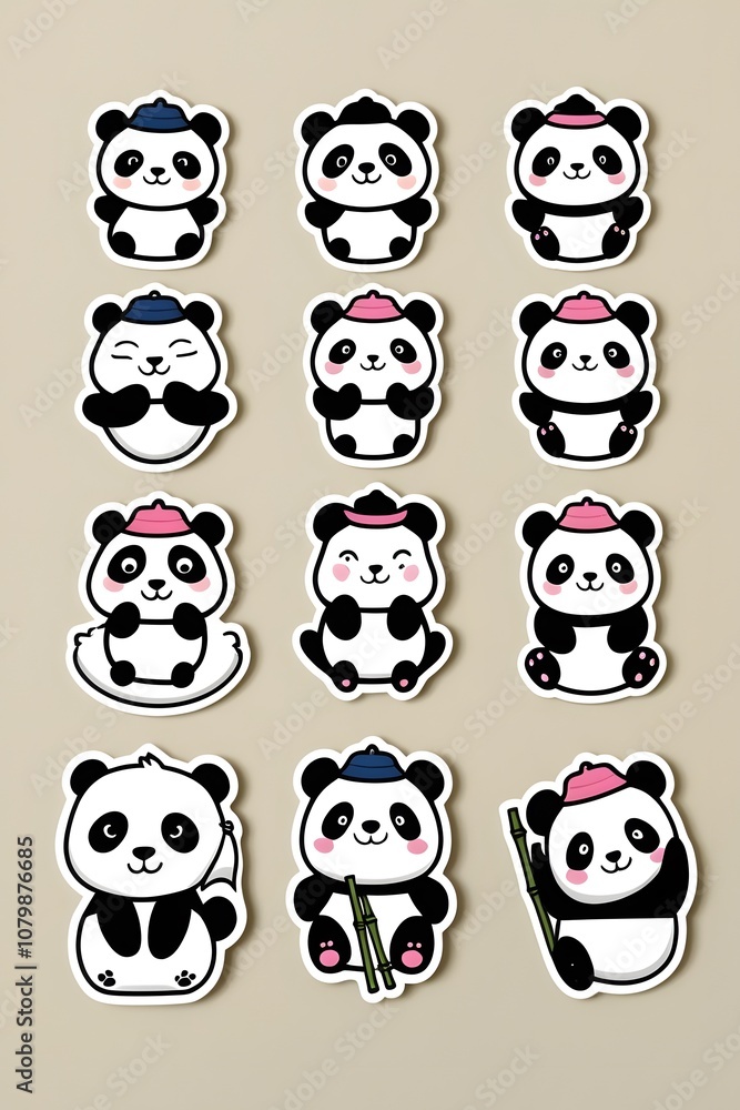 Collection of Cute Cartoon Pandas Wearing Hats and Holding Bamboo Collection of Cute Cartoon Pandas Wearing Hats and Holding Bamboo