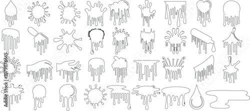  Drip shapes, splatter effects, and splashes in vector doodle style for art projects, stickers, and digital illustrations, featuring hand drawn dripping shapes and liquid motifs