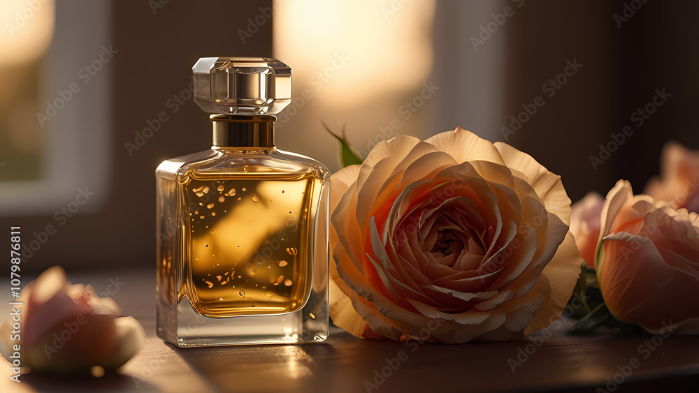 close-up image of an elegant glass perfume bottle placed on a table, bathed in warm sunset light streaming in from a nearby window close-up image of an elegant glass perfume bottle placed on a table, bathed in warm sunset light streaming in from a nearby window