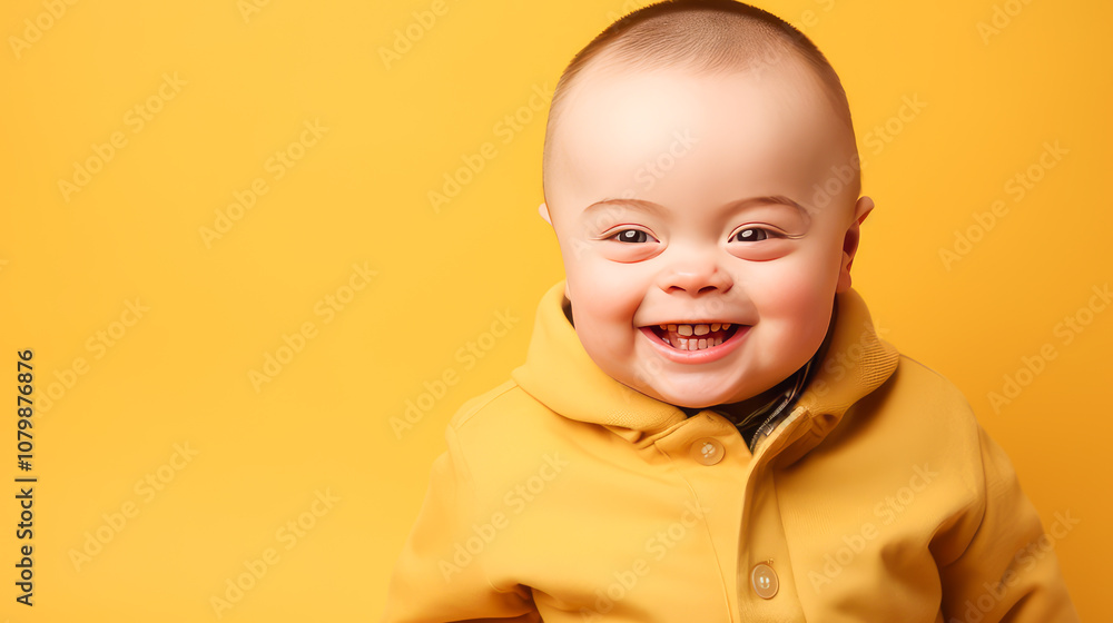 Portrait of smiling laughing boy child with Down syndrome yellow background. Portrait of smiling laughing boy child with Down syndrome yellow background.