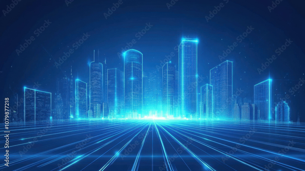 Futuristic city skyline with glowing skyscrapers and digital elements, creating vibrant technological atmosphere. blue tones enhance modern feel of urban landscape Futuristic city skyline with glowing skyscrapers and digital elements, creating vibrant technological atmosphere. blue tones enhance modern feel of urban landscape