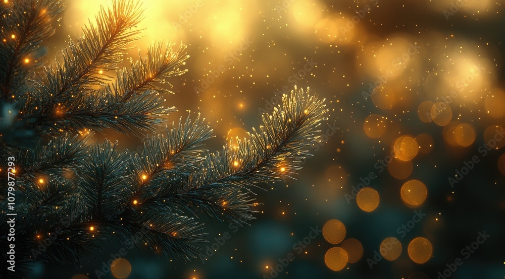 Fototapeta premium Close-up of a pine branch with warm bokeh lights in the background.