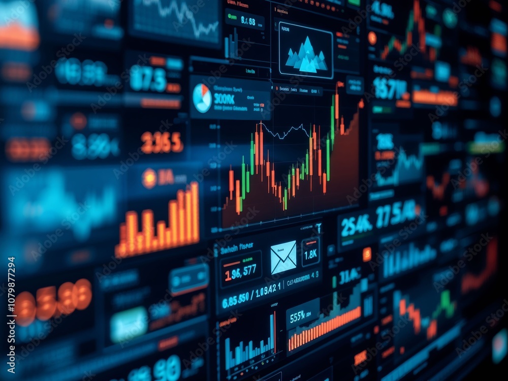 A visually striking close-up of a digital screen featuring a variety of business-related topics such as emails, ideas, and market trends. A visually striking close-up of a digital screen featuring a variety of business-related topics such as emails, ideas, and market trends.