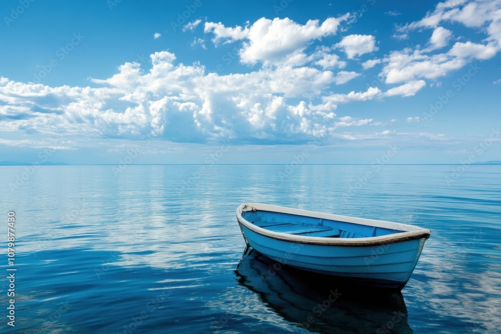 A small blue boat floats on a calm, clear lake with a blue sky and white clouds. A small blue boat floats on a calm, clear lake with a blue sky and white clouds.