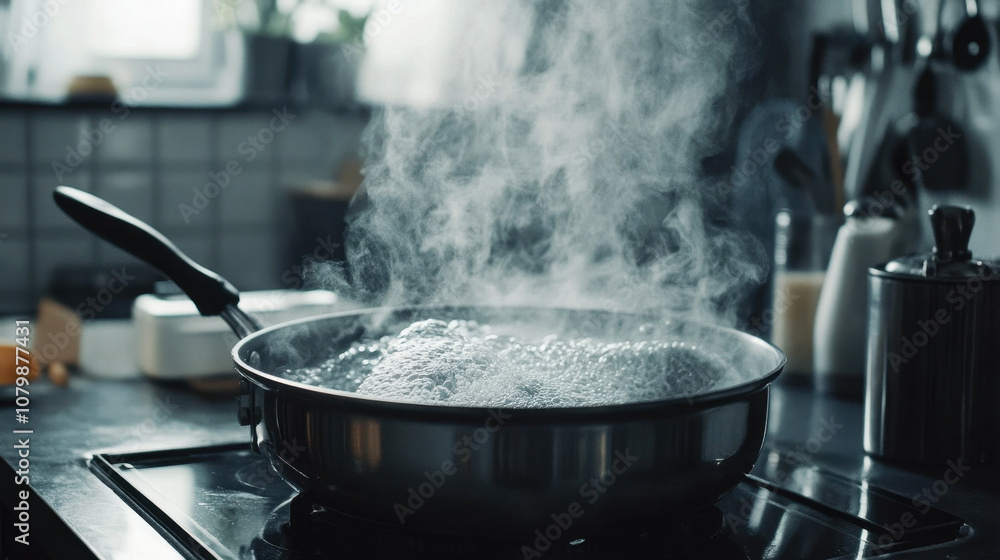 Boiling water in pot creates steamy atmosphere in modern kitchen, showcasing cooking process and beauty of culinary preparation Boiling water in pot creates steamy atmosphere in modern kitchen, showcasing cooking process and beauty of culinary preparation