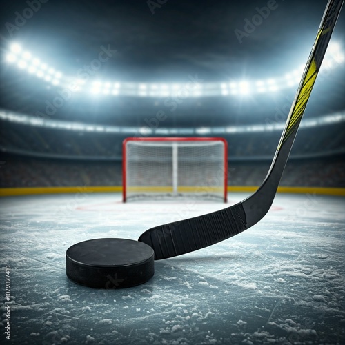 a close-up shot of a hockey stick and puck, ice hockey, equipment, stick, puck, close-up,hockey, ice hockey, hockey stick, puck, gloves, equipment, gear, sport, game, athlete, player, team, league, ch photo