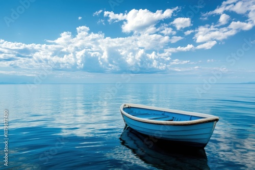 A small blue boat floats on a calm, clear lake with a blue sky and white clouds. photo