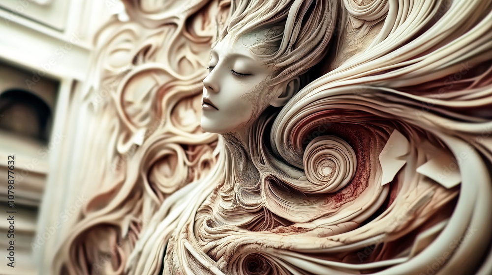 Serene woman sculpture emerging from abstract swirls and waves Serene woman sculpture emerging from abstract swirls and waves