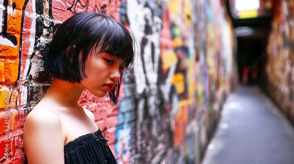 Naklejka premium Young woman posing in urban graffiti alley with colorful wall