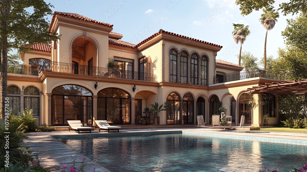 Naklejka premium modern house building exterior with Mediterranean style on a summer day
