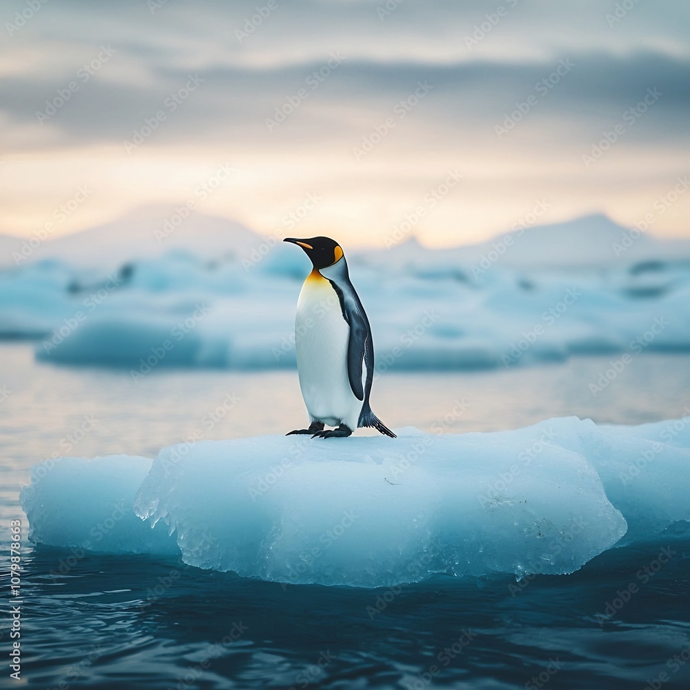Obraz premium Lone Penguin On Shrinking Ice Floe Symbolizing Global Warming Threat To Wildlife