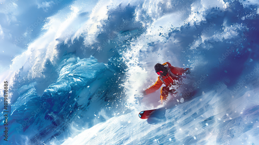 Dynamic Snowboarding in Deep Powder – Vibrant Rider in Orange Jacket and Fresh Snow Burst Dynamic Snowboarding in Deep Powder – Vibrant Rider in Orange Jacket and Fresh Snow Burst