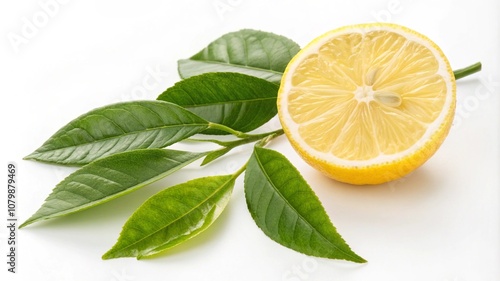 Half lemon with green leaf isolated on white background