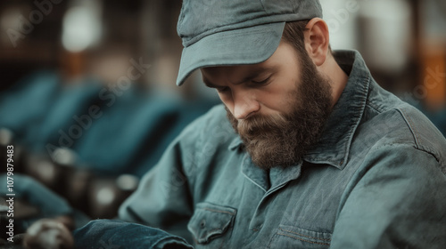 Industrial worker in denim clothing focusing on machinery maintenance