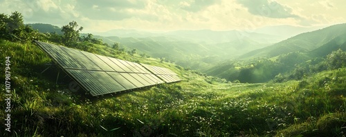 Neglected Solar Panels Amid Lush Green Landscape Untapped Renewable Energy Potential photo