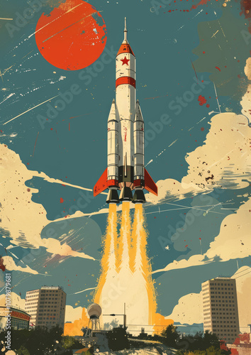 Vintage rocket launch illustration with red star emblem and orange planet, retro sci-fi art featuring urban landscape and bold colors
