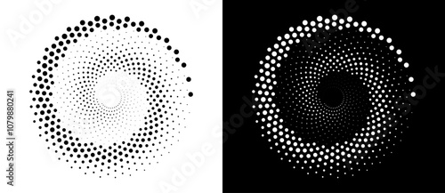 Modern abstract background. Halftone dots in circle form. Spiral logo. Vector dotted frame. Design element or icon. Black dots on a white background and white dots on the black side.