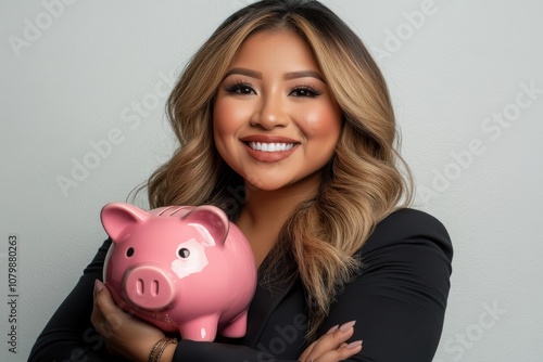 A confident individual smiles while holding a pink piggy bank, symbolizing savings and finance.