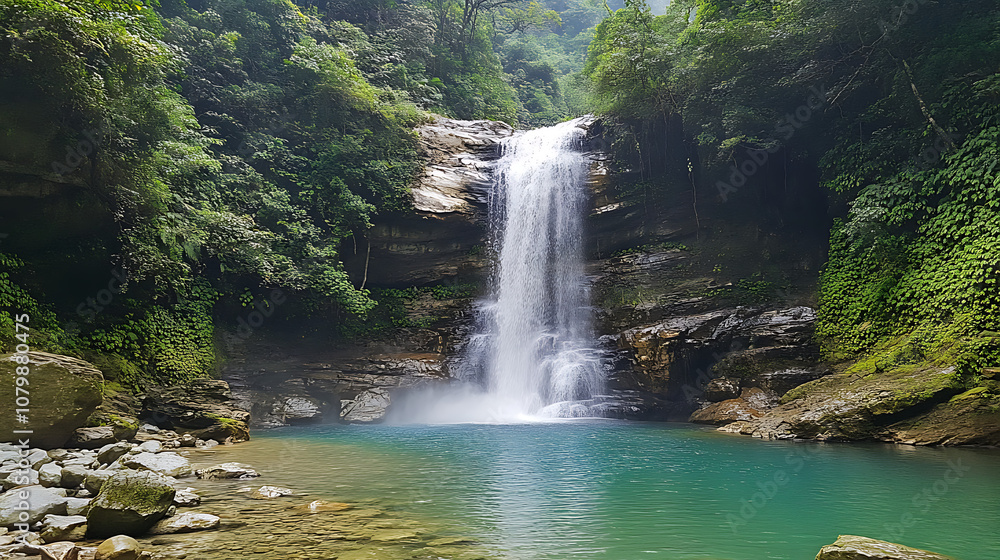 A scenic family-friendly hiking trail leading to a stunning waterfall, surrounded by lush greenery and colorful wildflowers A scenic family-friendly hiking trail leading to a stunning waterfall, surrounded by lush greenery and colorful wildflowers