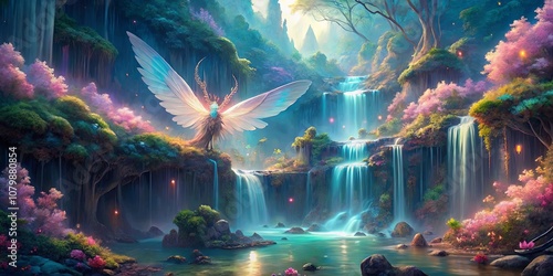 A Mystical Waterfall Scene with a Feathered Creature with Large Wings in a Fantasy Forest