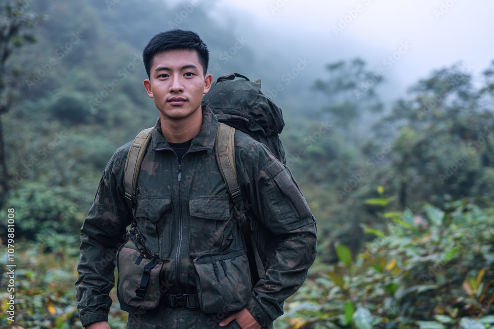 Chinese male ranger patrolling at foggy dense forest for conservation Chinese male ranger patrolling at foggy dense forest for conservation