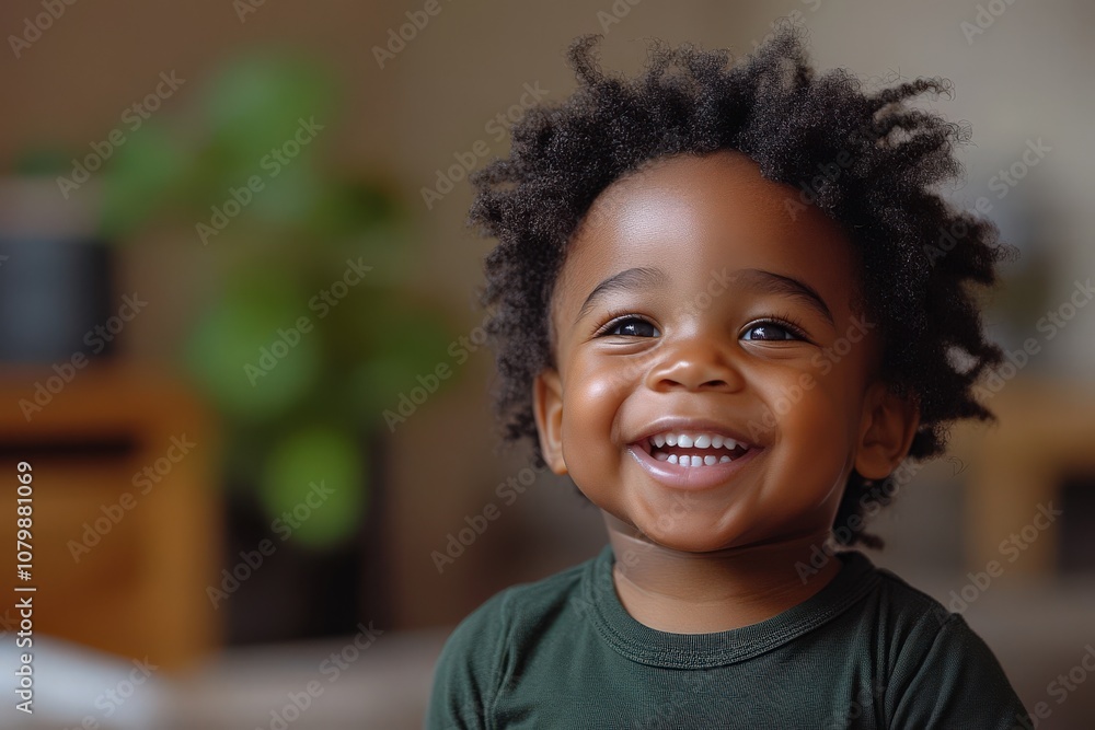 A joyful child with curly hair smiling brightly in a cozy indoor setting. A joyful child with curly hair smiling brightly in a cozy indoor setting.