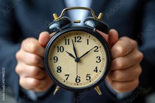 A person in a suit holds a vintage alarm clock, symbolizing time management and urgency. photo