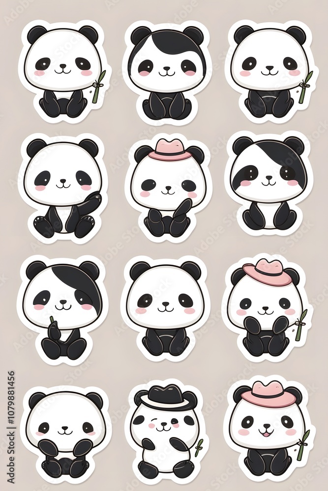 Obraz premium Adorable Cartoon Pandas: A Collection of Cute Stickers Featuring Happy Pandas in Various Poses and Accessories