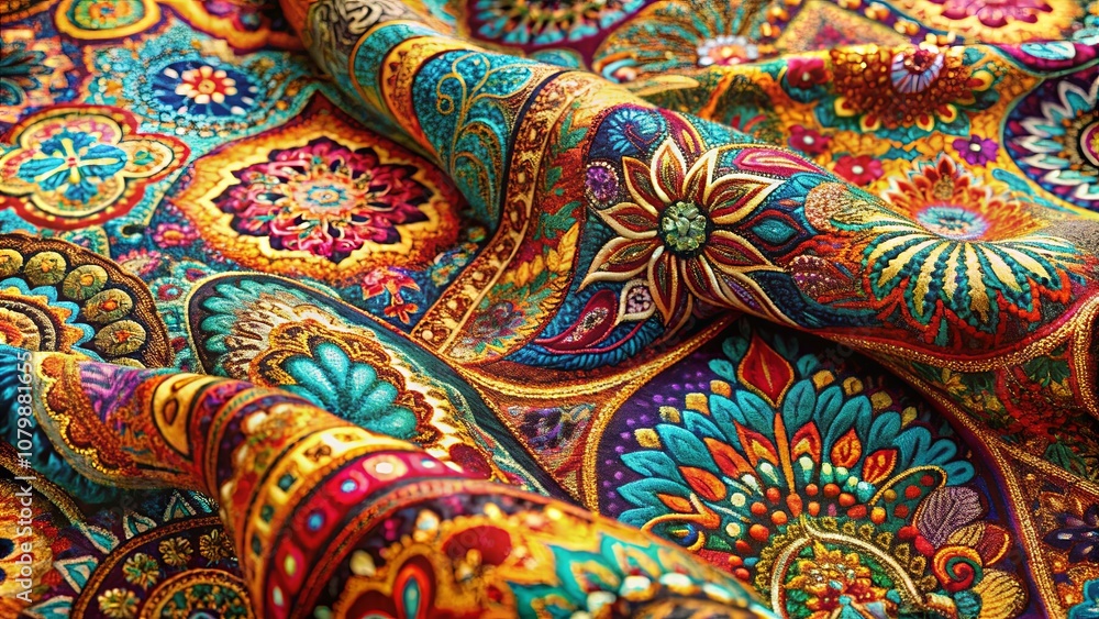A Close-Up View of Intricate Floral Patterns on a Vibrant, Multi-Colored Fabric with Golden Accents A Close-Up View of Intricate Floral Patterns on a Vibrant, Multi-Colored Fabric with Golden Accents
