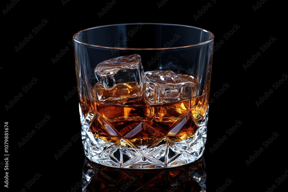 glass of whiskey with ice cubes sits elegantly against black background, showcasing rich amber color and glistening ice. This evokes sense of sophistication and relaxation glass of whiskey with ice cubes sits elegantly against black background, showcasing rich amber color and glistening ice. This evokes sense of sophistication and relaxation
