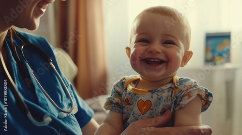 Pediatrician inserting the needle into the babya??s arm while the baby smiles. photo