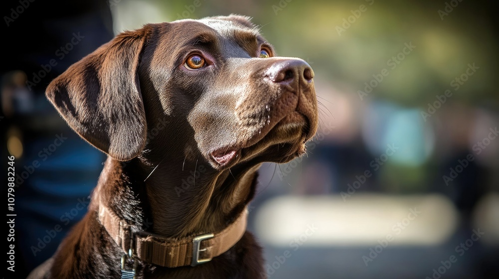 Loyal service dog standing attentively by handler, focused and calm Loyal service dog standing attentively by handler, focused and calm