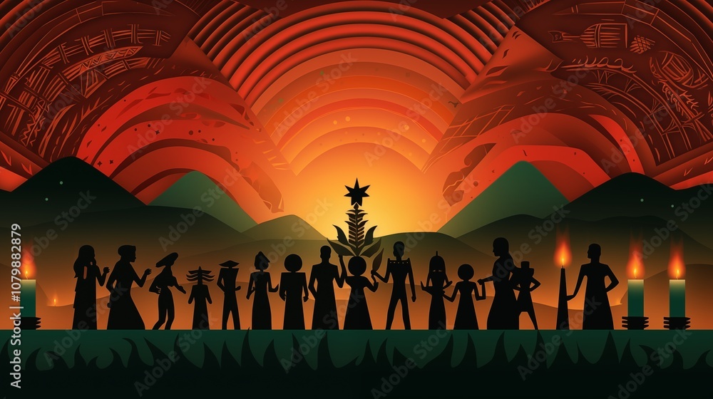 Fototapeta premium Paper cut of a Kwanzaa celebration with candles and unity symbols,,Generative ai illustration