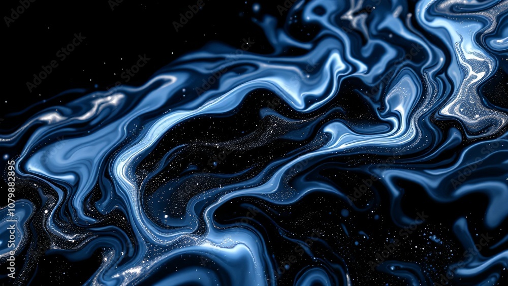 Obraz premium Abstract Blue and Black Liquid Marble Texture, Fluid Art Swirl Pattern with Metallic Highlights, Digital Illustration pc, laptop wallpaper