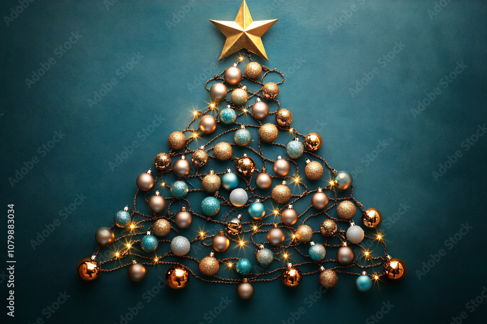 Christmas tree adorned with golden baubles and glittering lights against a deep teal backdrop, creating a magical, festive atmosphere. Christmas tree adorned with golden baubles and glittering lights against a deep teal backdrop, creating a magical, festive atmosphere.