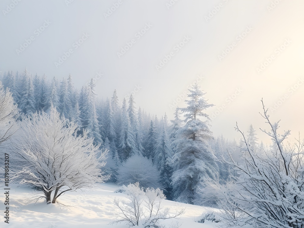 Tranquil Winter Sunrise Through Snow-Covered Branches Tranquil Winter Sunrise Through Snow-Covered Branches