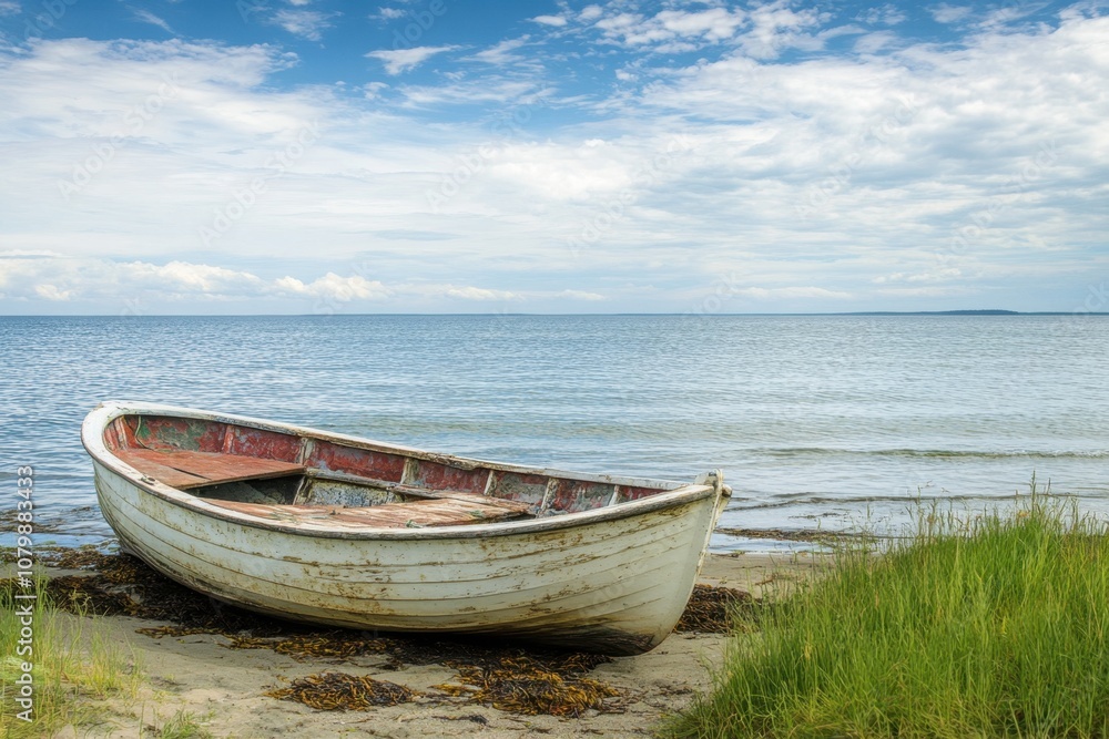 A small white boat rests on the shore of a sandy beach, with blue sky and water in the background. A small white boat rests on the shore of a sandy beach, with blue sky and water in the background.