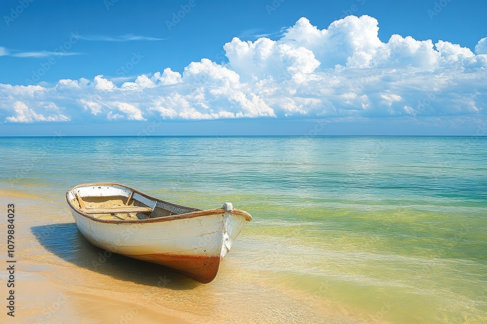 Naklejka premium A small wooden boat rests on a sandy beach with blue sky and fluffy clouds in the background.
