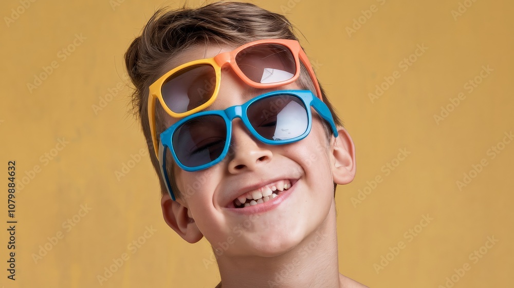 Smiling preteen boy wearing colorful sunglasses Smiling preteen boy wearing colorful sunglasses