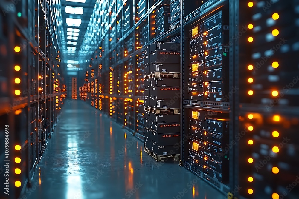 Data Center Server Room: Rows of Servers and Storage, Glowing Lights in the Dark Data Center Server Room: Rows of Servers and Storage, Glowing Lights in the Dark