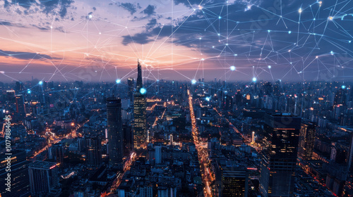 stunning cityscape at dusk, showcasing vibrant urban environment with illuminated buildings and streets. image features network of connections symbolizing global connectivity and technology