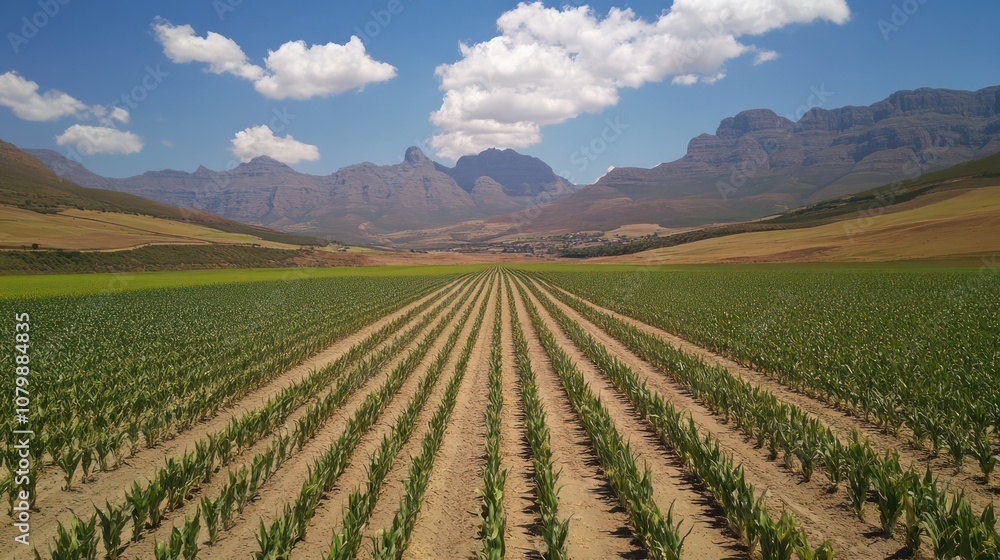 Maize farming in South Africa, expansive fields with rows of corn, efficient setup. Maize farming in South Africa, expansive fields with rows of corn, efficient setup.