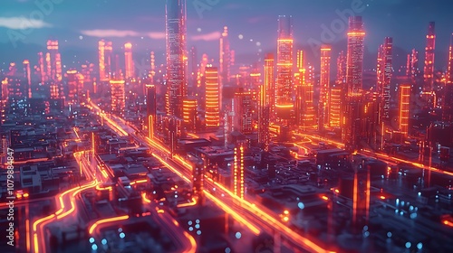 Neon Cityscape with Glowing Lights and Futuristic Architecture