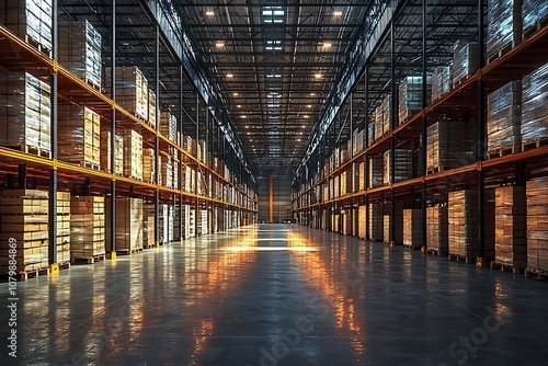 Warehouse Interior with Rows of Shelving and Pallets of Boxes