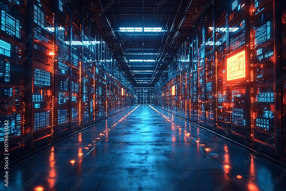 Data Center Corridor with Servers and Glowing Lights - Futuristic Technology Data Center Corridor with Servers and Glowing Lights - Futuristic Technology