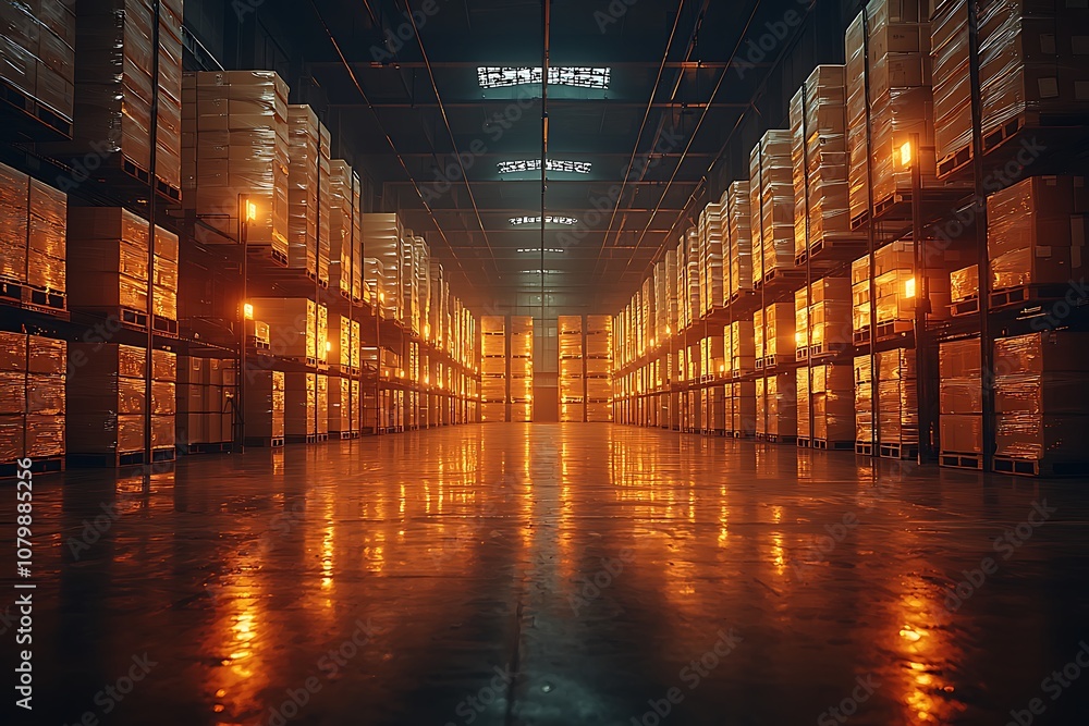 Warehouse Storage Interior with Shelves Full of Boxes Warehouse Storage Interior with Shelves Full of Boxes